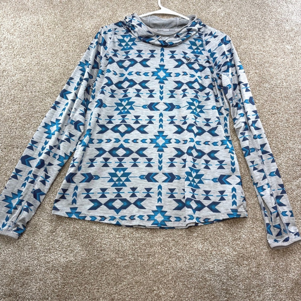Ariat Women L AriatTEK Blue Grey Southwestern Geometric Hoodie Western Cowboy